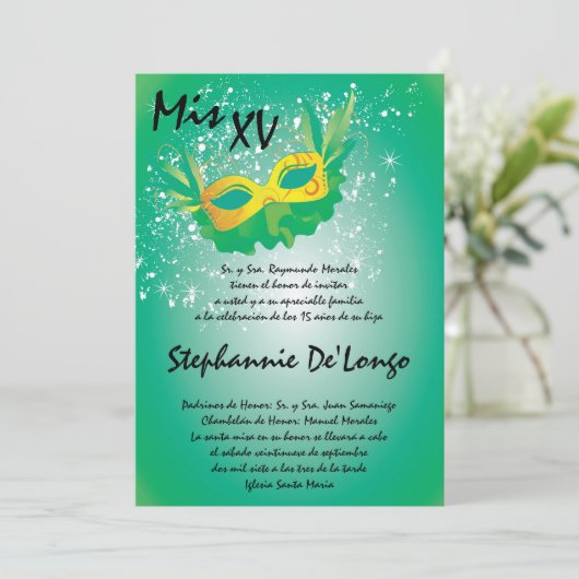 5x7マスカレードキンセアニェラ誕生日招待状 招待状 (スタンド正面)