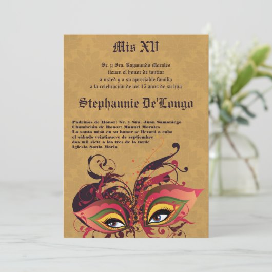 5x7マスカレードキンセアニェラ誕生日招待状 招待状 (スタンド正面)