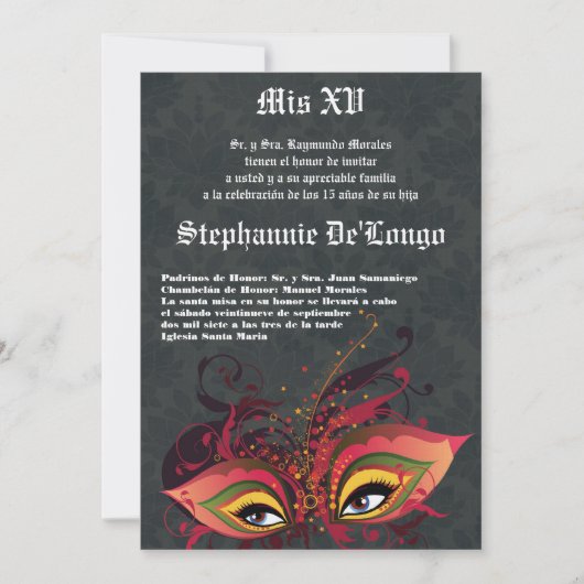 5x7マスカレードキンセアニェラ誕生日招待状 招待状 (正面)