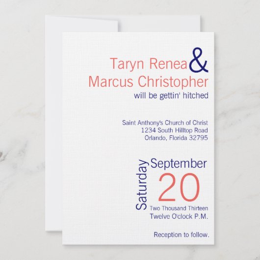 5x7モダンコーラルネイビーブルーチェフ結婚式招待状 招待状 (正面)