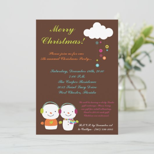 5x7モダン雪だるまフラッククリスマスパーティの招待状 招待状 (スタンド正面)