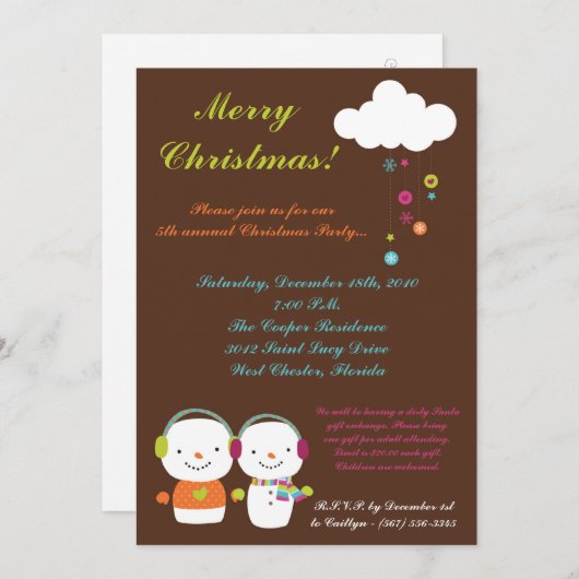 5x7モダン雪だるまフラッククリスマスパーティの招待状 招待状 (正面/裏面)