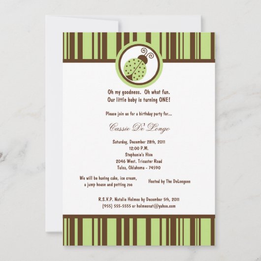 5x7ライトグリーンレディーバグ誕生日パーティー招待状 招待状 (正面)