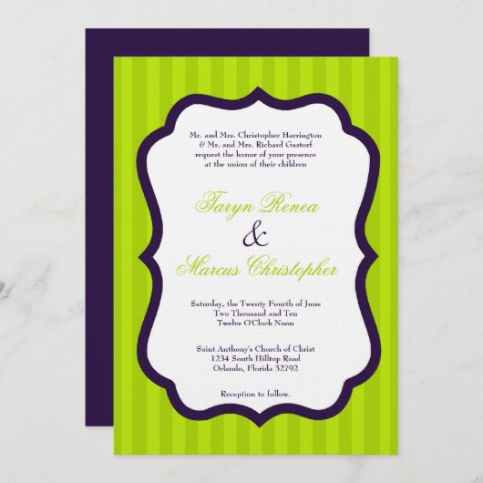 5x7ライムグリーン&パープルリネン結婚式招待状 招待状 (正面/裏面)