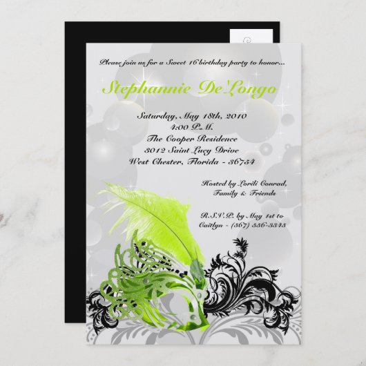 5x7ライムマスカレードSweet 16誕生日招待状 招待状 (正面/裏面)