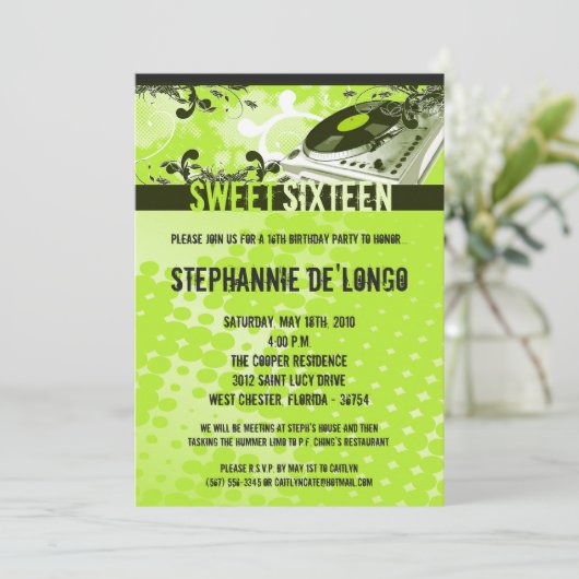 5x7ライムGree DJターンテーブル16番目の誕生日招待状 招待状 (スタンド正面)
