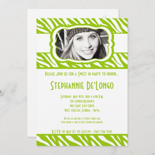 5x7ライムZebra PHOTO甘い16誕生日招待状 招待状 (正面/裏面)