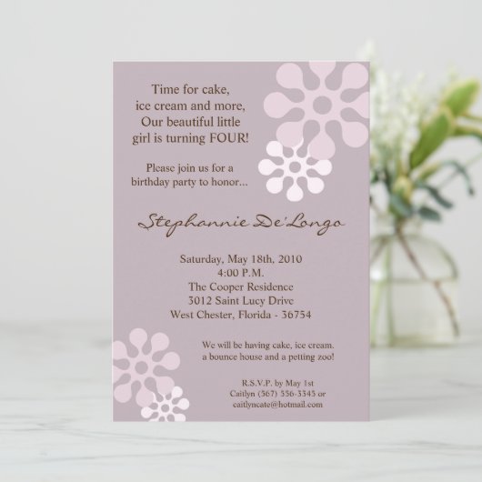 5x7ラベンダーパープルフラワー誕生日パー招待状 招待状 (スタンド正面)