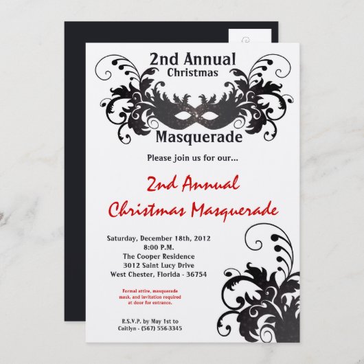 5x7レッドシルバーマスカレードクリスマス招待状 招待状 (正面/裏面)