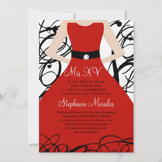 5x7レッドドレスキンセアニェラ誕生日招待状 招待状 (正面)