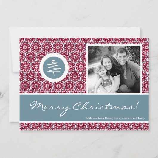 5x7レッドブルークリスマスツリーPHOTOクリスマスカード シーズンカード (正面)