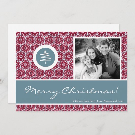 5x7レッドブルークリスマスツリーPHOTOクリスマスカード シーズンカード (正面/裏面)