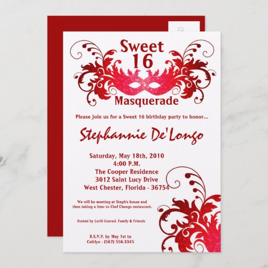 5x7レッドマスカレードスウィート16誕生日招待状 招待状 (正面/裏面)