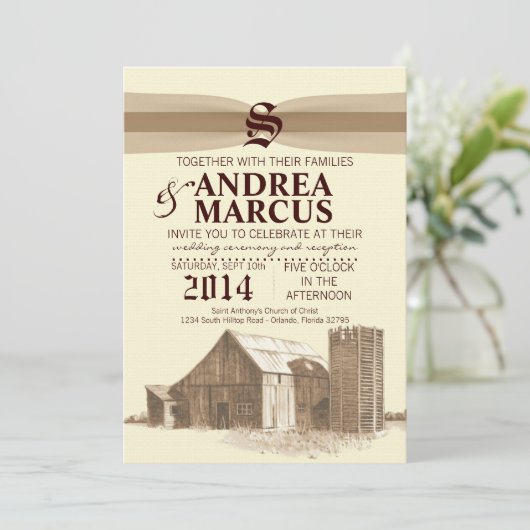 5x7ヴィンテージの国の納屋の農場の結婚式招待状 招待状 (スタンド正面)