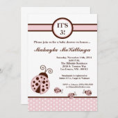 5x7三つ子ピンクレディーバグ赤ちゃんシャワー招待状 招待状 (正面/裏面)