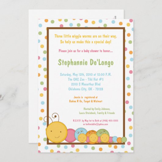 5x7三重の幼虫みみずのベビーシャワーの招待状 招待状 (正面/裏面)