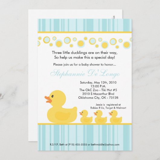 5x7三重項のゴム製アヒルのベビーシャワーの招待状 招待状 (正面/裏面)
