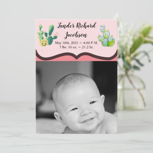 5x7写真の誕生発表陸軍ボヘミアンサボテン 案内状 (スタンド正面)