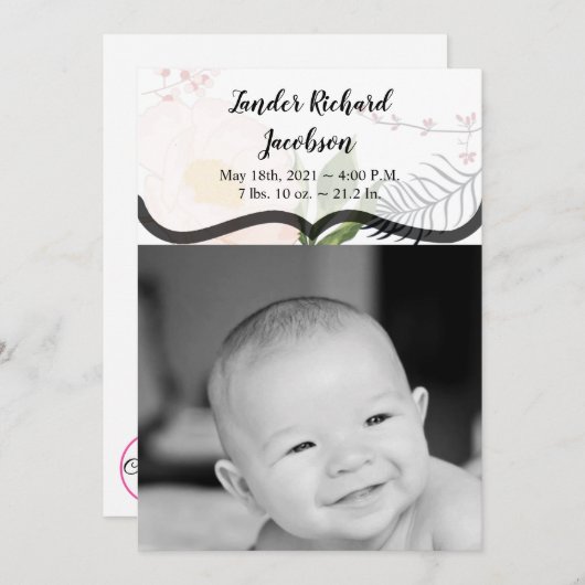 5x7写真誕生のお知らせ陸軍ベビーピンクコスモス 案内状 (正面/裏面)