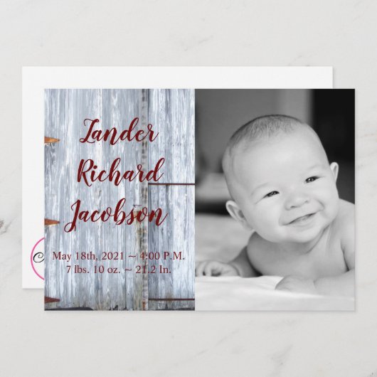 5x7写真誕生のお知らせ陸軍ホワイトウォッシュウッド 案内状 (正面/裏面)