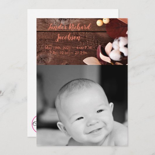 5x7写真誕生のお知らせ陸軍綿花支店オン 案内状 (正面/裏面)