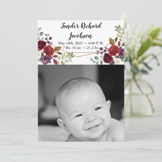 5x7写真誕生発表陸軍ホワイトローズ金ゴールド 案内状 (スタンド正面)