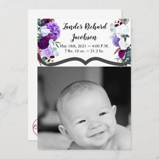 5x7写真誕生発表陸軍ラベンダーHibiscu 案内状 (正面/裏面)