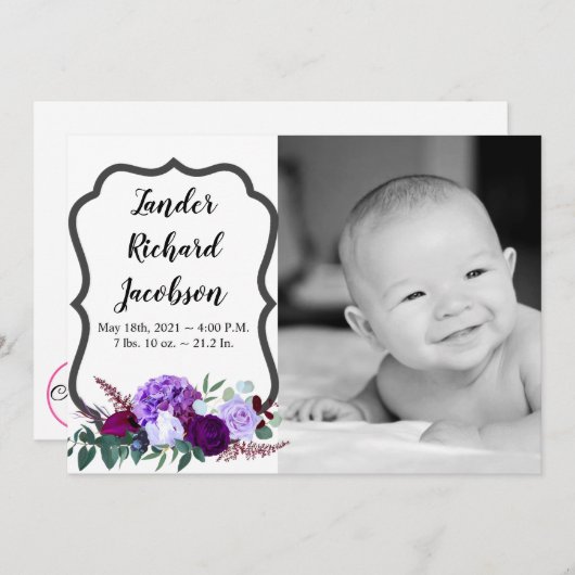 5x7写真誕生発表陸軍ラベンダーHibiscu 案内状 (正面/裏面)