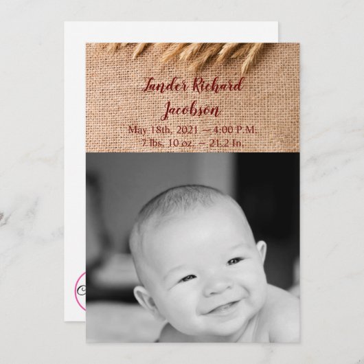 5x7写真Birth Announcement Army Wheat on Burlap 案内状 (正面/裏面)