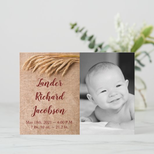 5x7写真Birth Announcement Army Wheat on Burlap 案内状 (スタンド正面)