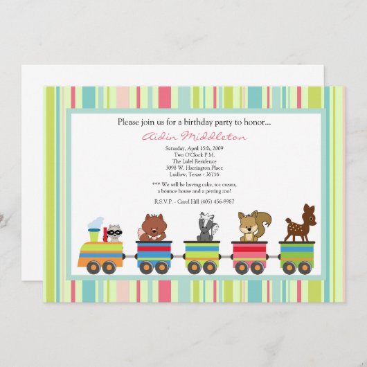5x7動物の列車の乗車の誕生日のパーティの招待状 招待状 (正面/裏面)