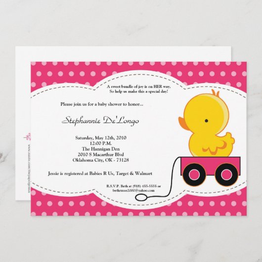 5x7女の子のピンクの水玉模様のアヒルのベビーシャワーの招待状 招待状 (正面/裏面)