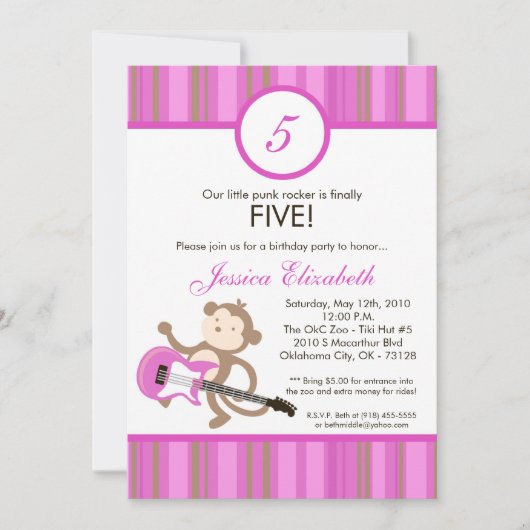5x7女の子のロッカー猿の誕生日のパーティの招待状 招待状 (正面)