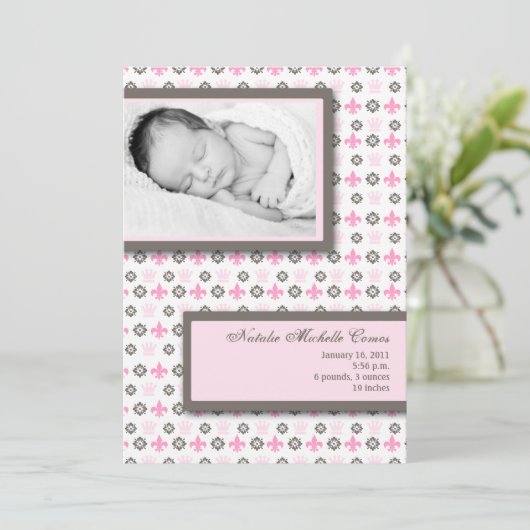 5x7女の子のPink Fleur De李Photoの誕生の発表 案内状 (スタンド正面)