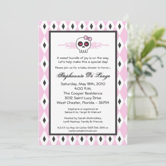 5x7女の子のPunkRockのスカルEMOのベビーシャワーの招待状 招待状 (スタンド正面)