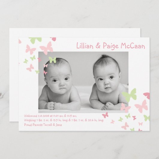 5x7女の子は蝶写真の誕生の発表を結び付けます 案内状 (正面/裏面)