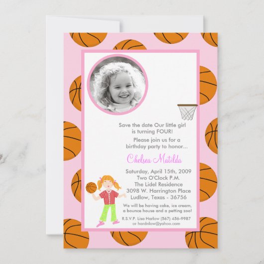 5x7女子バスケットボール誕生日シャワー招待状 セーブザデート (正面)