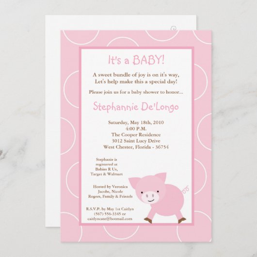 5x7家畜のピンクのブタのベビーシャワーの招待状 招待状 (正面/裏面)