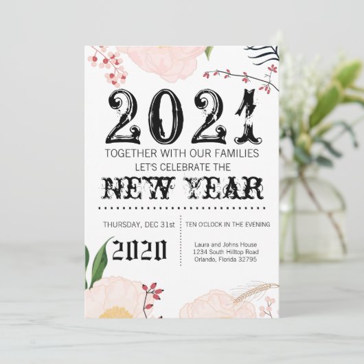 5x7新しい年イブ招待状ベビーピンクコスモスオン 招待状 (スタンド正面)