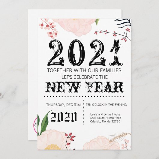 5x7新しい年イブ招待状ベビーピンクコスモスオン 招待状 (正面/裏面)