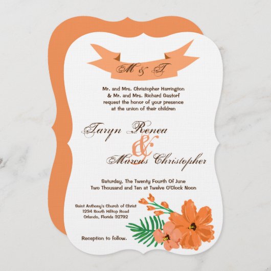 5x7春ハイビスカスフラワーハワ結婚式招待状 招待状 (正面/裏面)