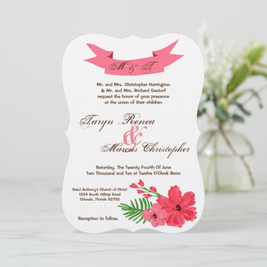 5x7春ハイビスカスフラワーハワ結婚式招待状 招待状 (スタンド正面)
