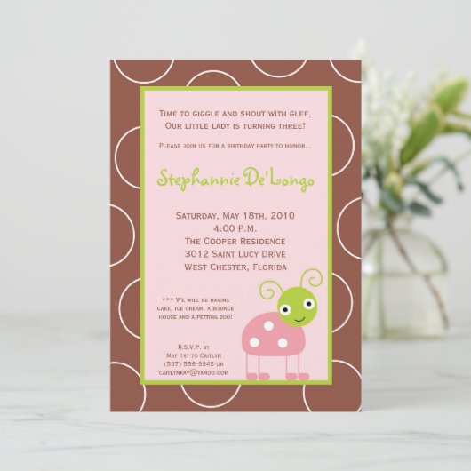 5x7春ピンクレディバグ誕生日パーティーへの招待 招待状 (スタンド正面)