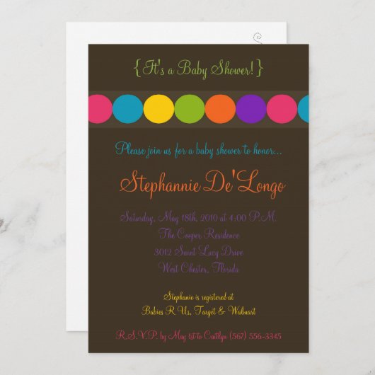 5x7水玉模様ベビカラフルーシャワー招待状 招待状 (正面/裏面)