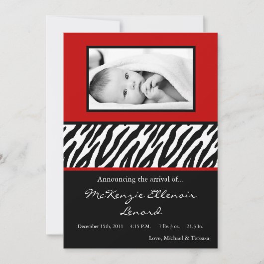 5x7深紅のシマウマの写真の誕生の発表 案内状 (正面)