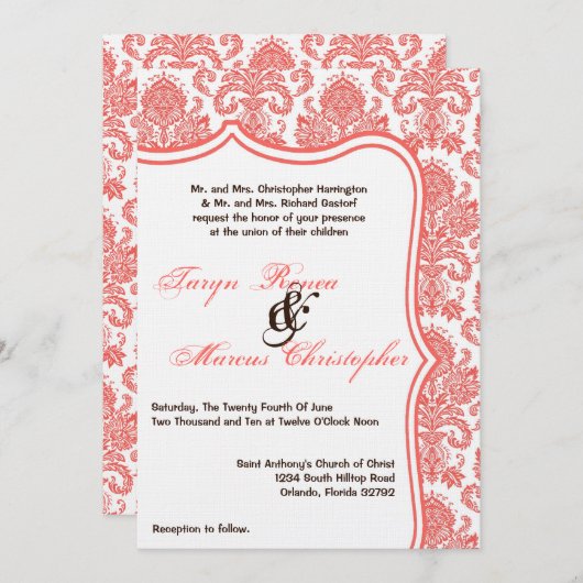 5x7珊瑚のオレンジダマスク織のレースの結婚式招待状 招待状 (正面/裏面)