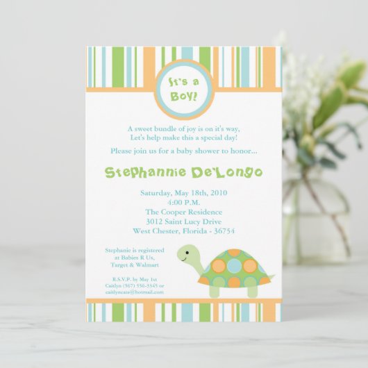 5x7男の子の海のウミガメのベビーシャワーの招待状 招待状 (スタンド正面)