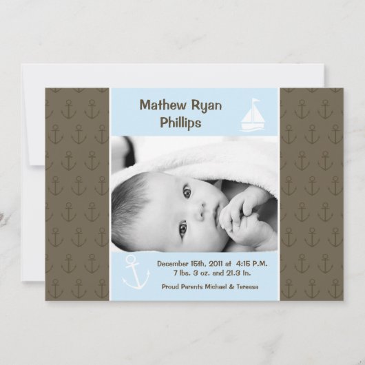 5x7男の子の航海のな航行の写真の誕生の発表 案内状 (正面)