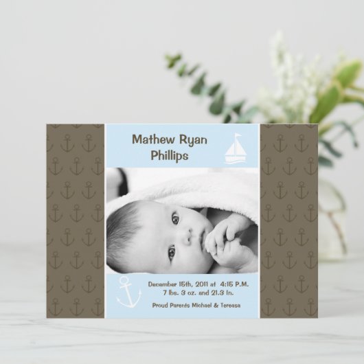 5x7男の子の航海のな航行の写真の誕生の発表 案内状 (スタンド正面)