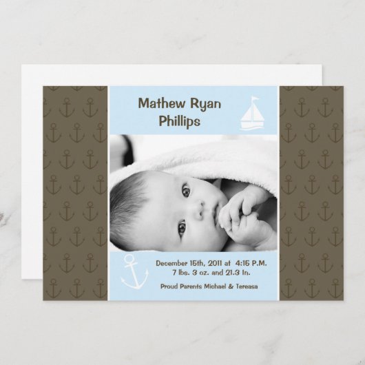 5x7男の子の航海のな航行の写真の誕生の発表 案内状 (正面/裏面)
